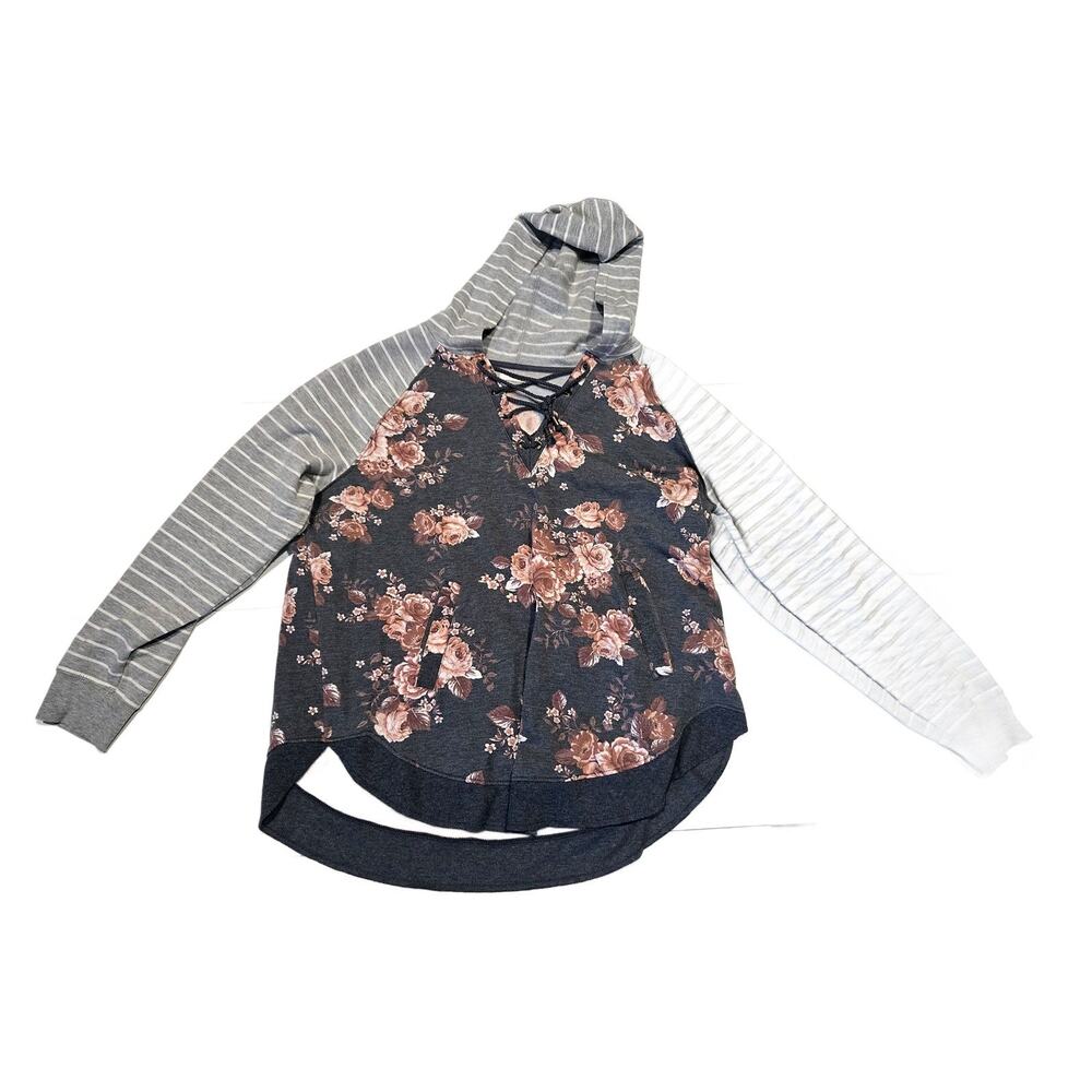 Maurices Floral Striped Hoodie Gray Women's